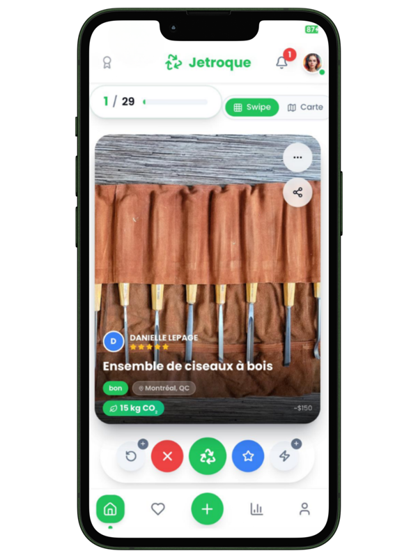 Jetroque app — listing for a set of wood chisels to swap in Montreal, with CO₂ impact displayed