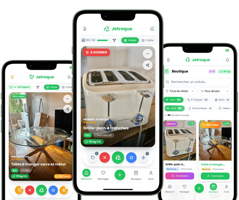 Application Jetroque sur trois téléphones : découverte par swipe, fiche d'objet à donner et boutique des Trocs