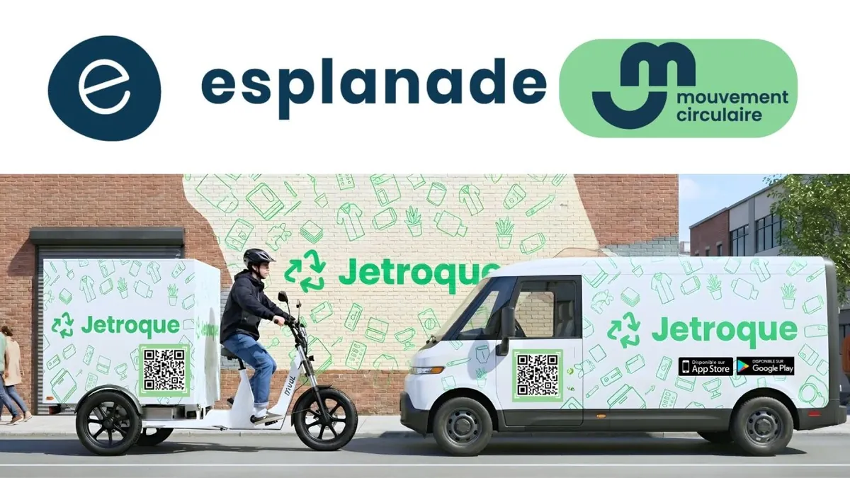 Jetroque intègre le programme Mouvement Circulaire d'Esplanade Québec — les logos Esplanade et Mouvement circulaire au-dessus du triporteur et de la camionnette de collecte Jetroque