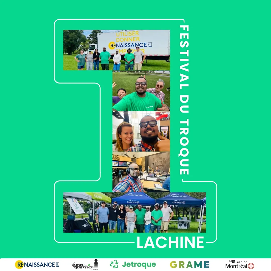 Montage photo du premier Festival du Troc à Lachine, avec les logos de Renaissance, Éco-quartier Lachine, Jetroque, GRAME et de l'arrondissement de Lachine — Ville de Montréal