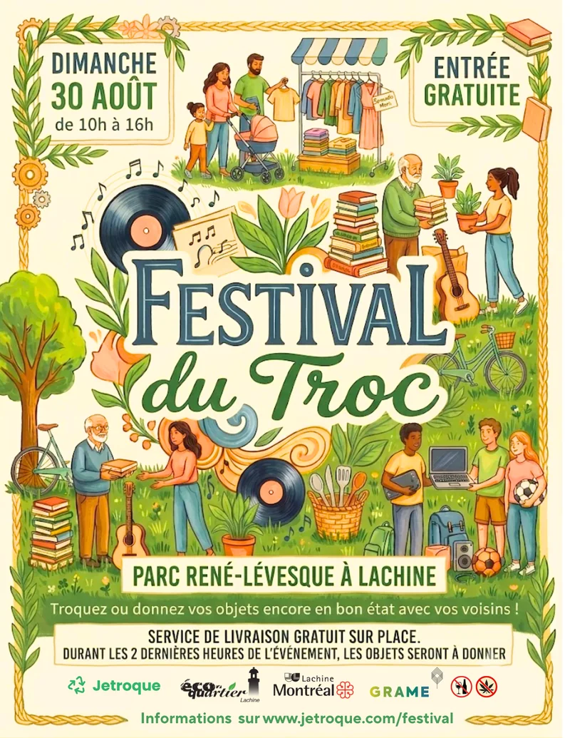 Affiche du Festival du Troc — dimanche 30 août de 10 h à 16 h, parc René-Lévesque à Lachine, entrée gratuite