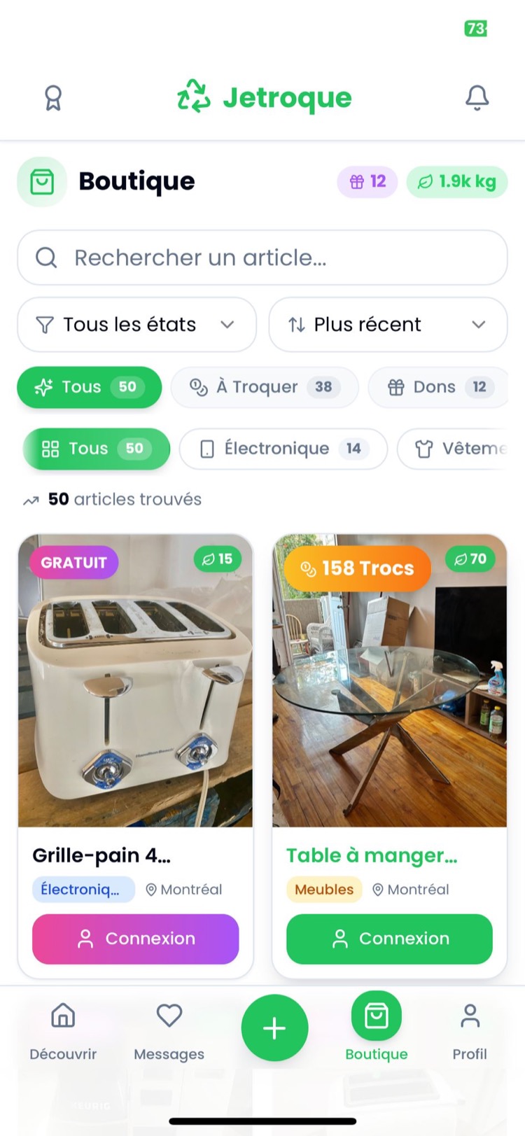 Écran boutique Jetroque — 50 articles à troquer ou recevoir gratuitement