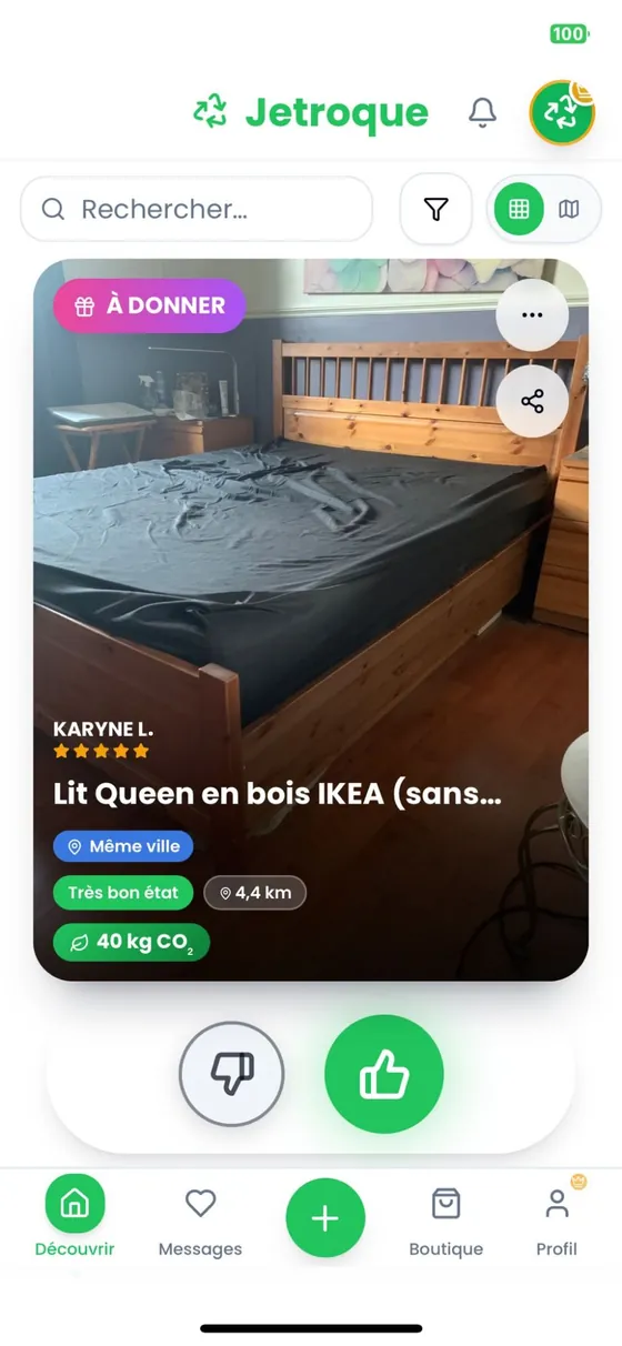 L'écran Découvrir : un lit à donner près de chez vous