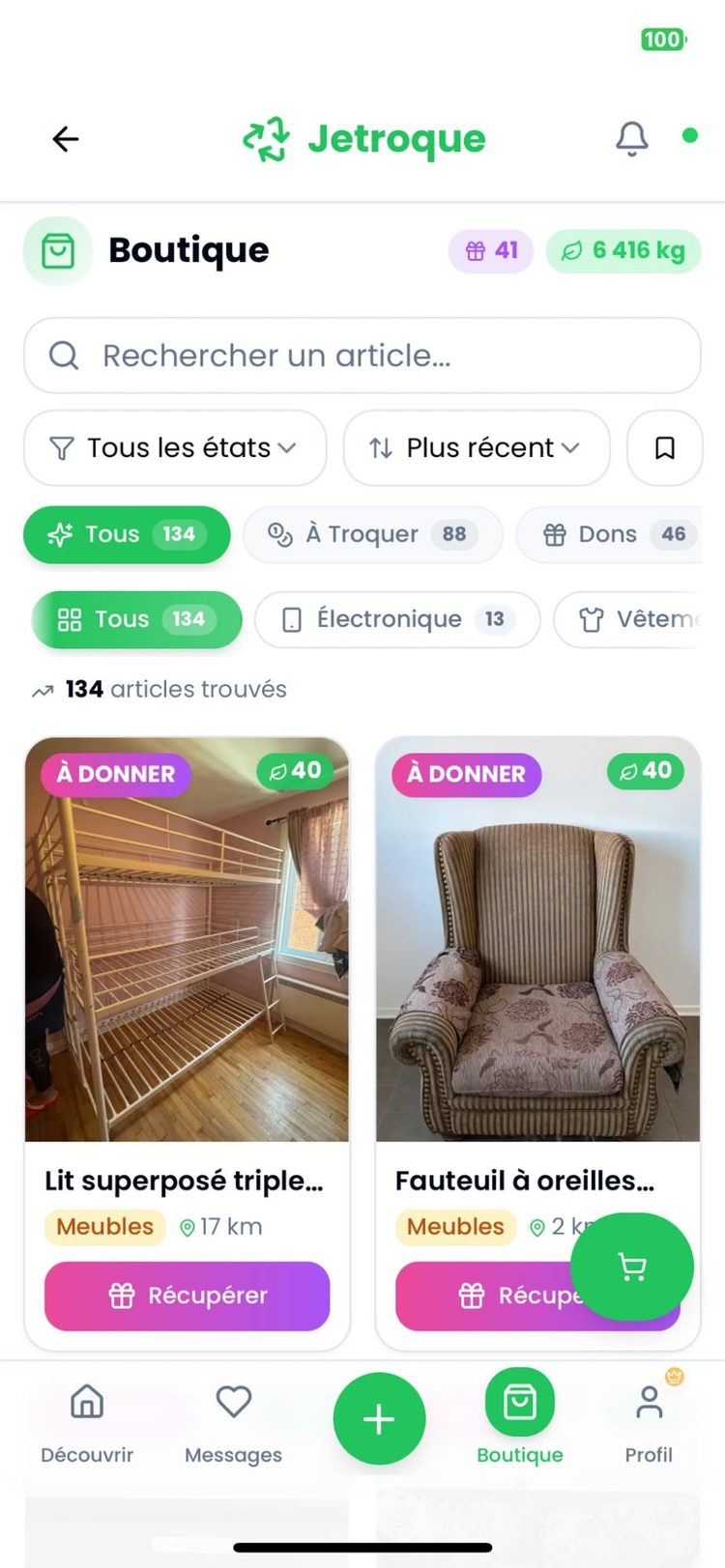 Écran Boutique de Jetroque — 134 articles à troquer ou à donner