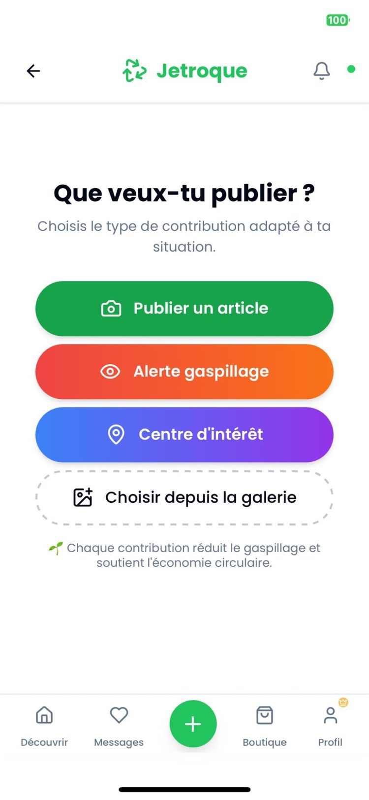 Écran Publier de Jetroque — publier un article, une alerte gaspillage ou un centre d'intérêt