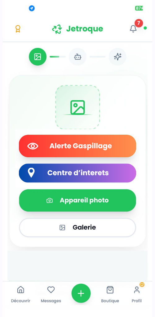 Jetroque screen — listing an item: one photo is enough, AI generates the title, description, and category